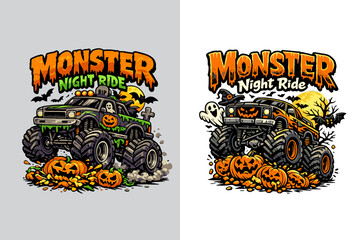 Halloween monster truck crushing pumpkins, funny cartoon vector illustration, T-shirt design © SohagMiah01