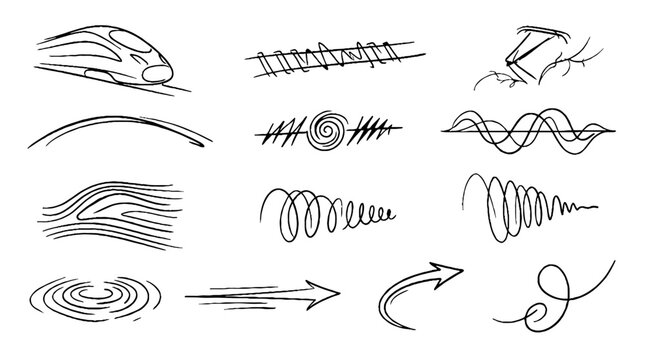 Hand Drawn Motion Lines and Speed Symbols Set with High Speed Train Sketch.