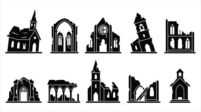 A set of 10 gothic chapel icons on a white background