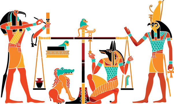 Ancient Egyptian Weighing of the Heart Ceremony &ndash; Scales of Maat with Anubis, Thoth, Horus and Ammit Vector Illustration