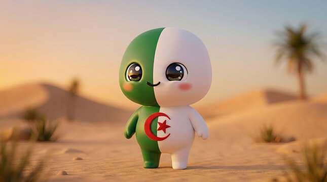 Cute mascot character with green and white body representing Algeria flag standing in desert landscape at sunset