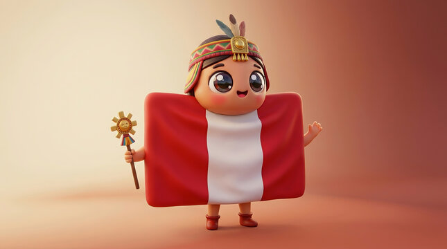 Cute mascot character holding Peruvian flag and staff with traditional headdress against warm gradient background