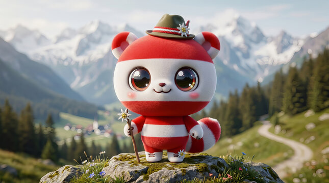 Cute mascot character in red and white striped outfit with hat stands on rocky peak holding staff against mountain valley backdrop