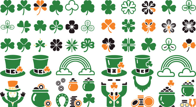 st patricks day icons set with shamrocks rainbows and leprechaun hats on white background