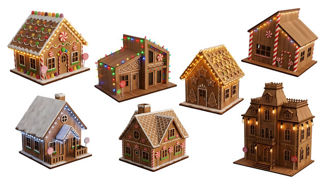 Set of six different gingerbread houses decorated with candy and lights isolated on transparent background