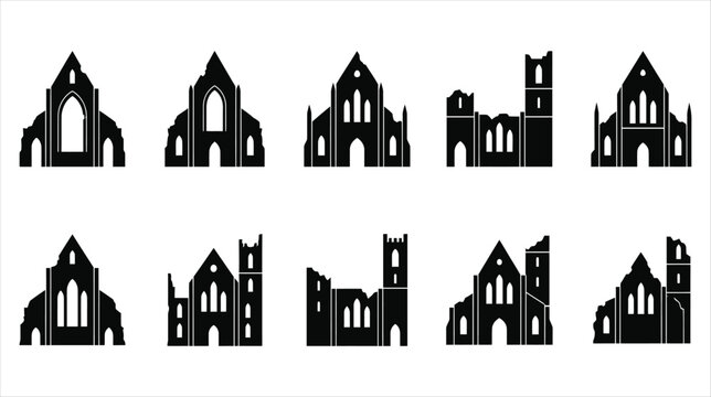 A set of 10 gothic monaster layout mosque ruins on a white background
