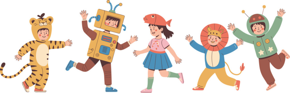 Group of happy children wearing tiger, robot, fish, lion, and alien costumes for party celebration