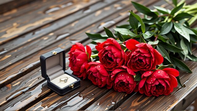 bouquet red peonies wooden table peonies arranged bunch covered water droplets side table small black box gold ring inside box appears open ring resting top background blurred seems wooden deck patio