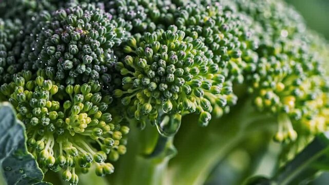 Close up view of fresh broccoli head with water droplets flowing through, healthy vegetable