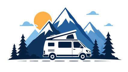 Obraz premium Modern Camper Van Travel Illustration Featuring Scenic Mountain Peaks and Pine Forest Landscape for Adventure Road Trip Concepts