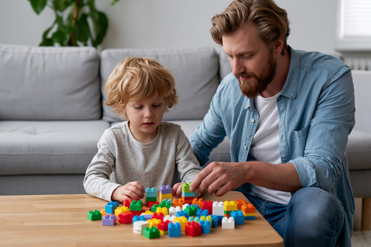 Dad and child play with colorful blocks