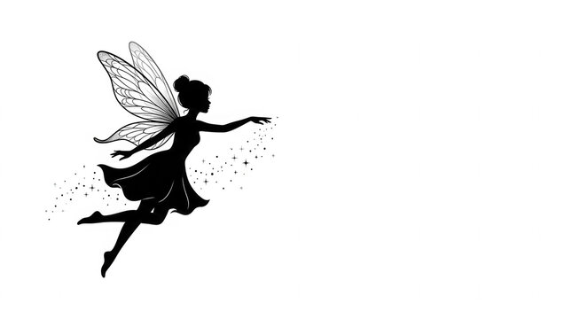 A graceful fairy silhouette with delicate wings dispersing a trail of magical sparkling dust while gracefully flying through the air Isolated on