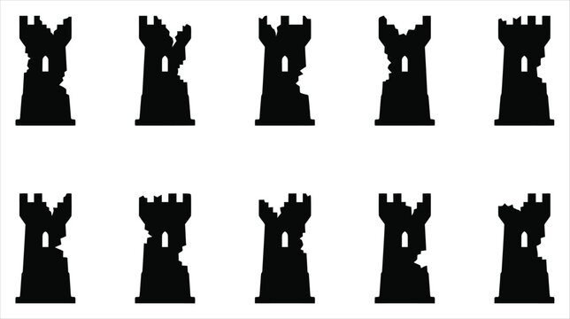 A set of 10 gothic watchtower ruins on a white background