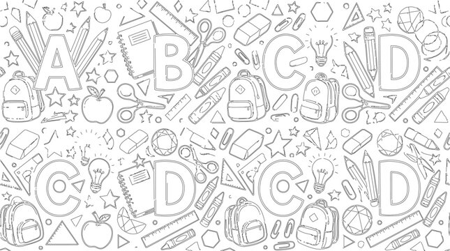 Seamless pattern with letters a, b, c, d and school supplies