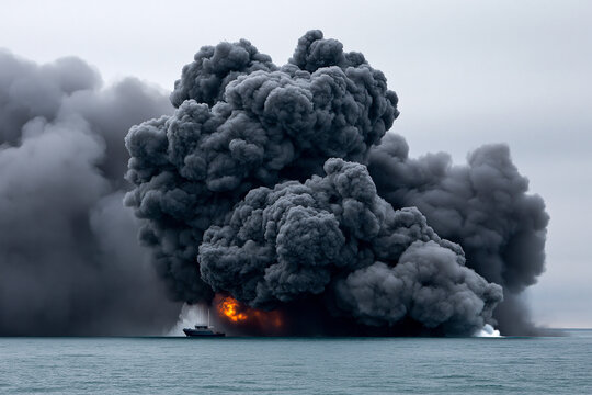 Fire and smoke rise from a boat on the water