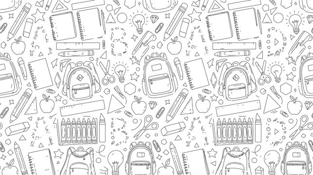 Seamless pattern of school supplies, handdrawn doodles