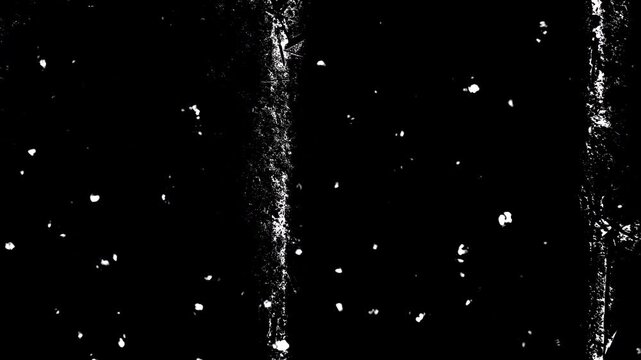 Abstract black and white image with scattered bright specks. Vertical streaks add texture against a stark, dark background. Ideal for minimalist design or retro-themed visuals