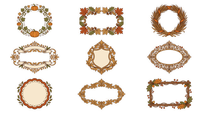 Collection of autumn floral borders and frames with leaves and flowers