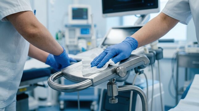 Professional medical staff member wearing blue protective nitrile gloves cleaning ultrasound machine screen with disinfectant wipe in hospital diagnostic facility.