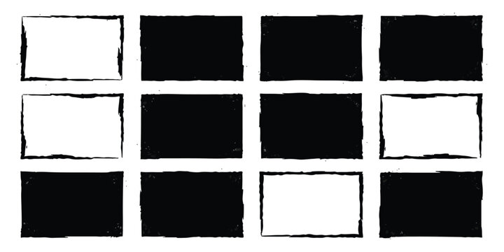Set of twelve black and white rectangle frames with rough hand drawn brush stroke edges