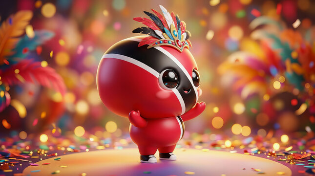 Cute mascot character wearing red and black costume with colorful feather headdress standing on stage surrounded by festive confetti bokeh lights