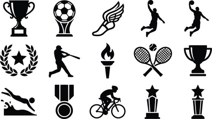 Naklejka premium Sports and competition achievement icons in solid black silhouette design style