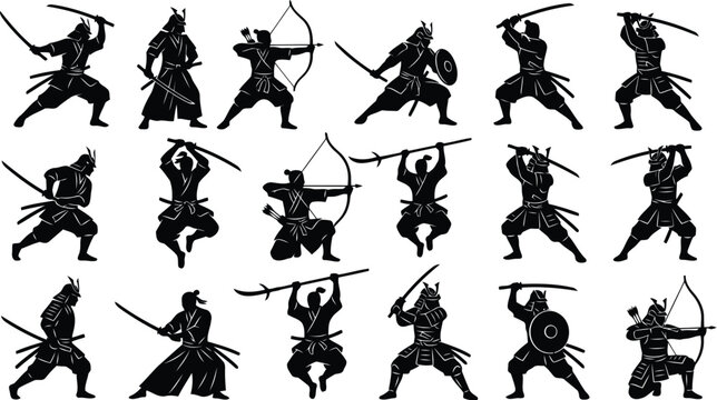 Traditional samurai warriors in action poses icons in solid black silhouette