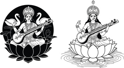 Hand drawn black and white line art of Hindu Goddess Saraswati sitting on lotus playing Veena with swans © RIPON