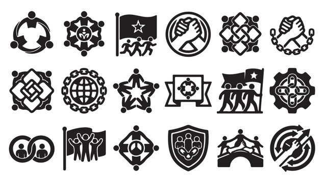 Collection of diverse black and white icons depicting unity community social justice and global connection themes