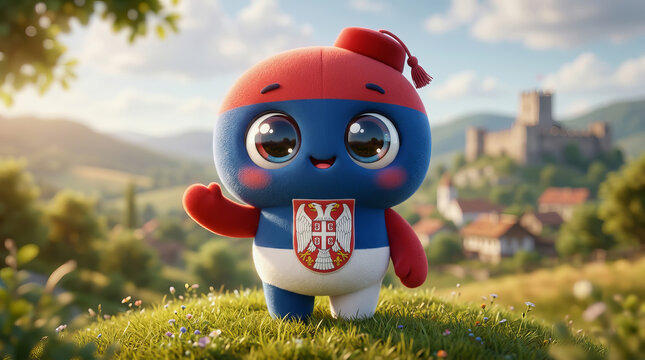 Cute mascot character wearing Serbia flag colors and crest standing on grassy hill with castle in background