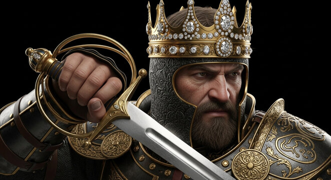 Portrait of a fierce medieval king wearing an ornate jeweled crown and chainmail armor holding a sword with medieval historical strength leadership protection