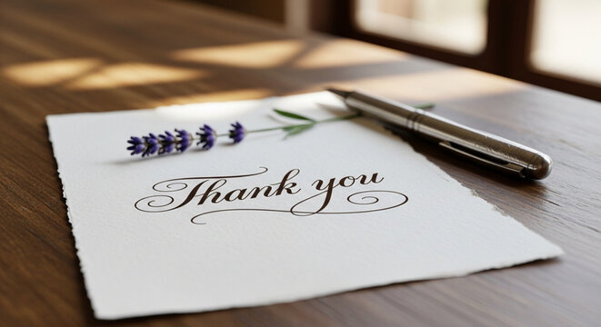 Elegant thank you note with calligraphy written on paper beside a metallic pen on a wooden desk surface calligraphy handwritten stationery gratitude appreciation