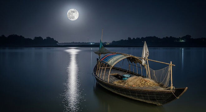 Small wooden fishing boat floating on a calm river during a bright full moon night with landscape moonlight reflection tranquil midnight peaceful environment