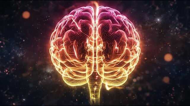 Glowing human brain surrounded by sparks in deep space