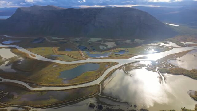 Aerial View of Rapa River Delta and Rapadalen Valley in Sarek National Park, Swedish Lapland