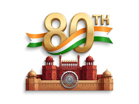 80th anniversary celebration of india with red fort and indian flag elements isolated on white background