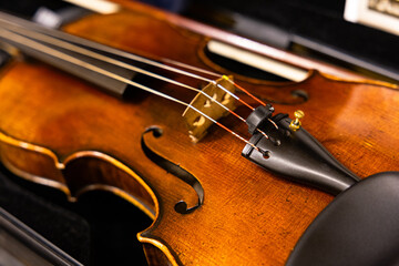 Close up of a classic wooden violin body with strings and bridge © Ruslan