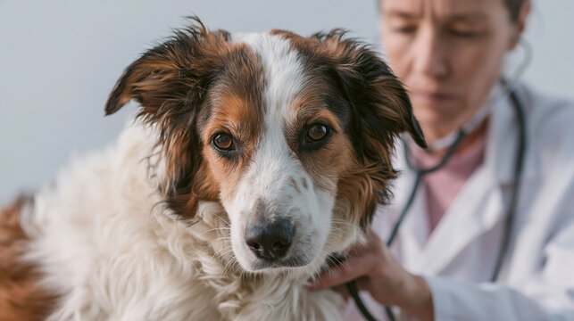 Close-up of a dog's face being examined by a veterinarian. the dog appears to be a border collie with brown and white fur.