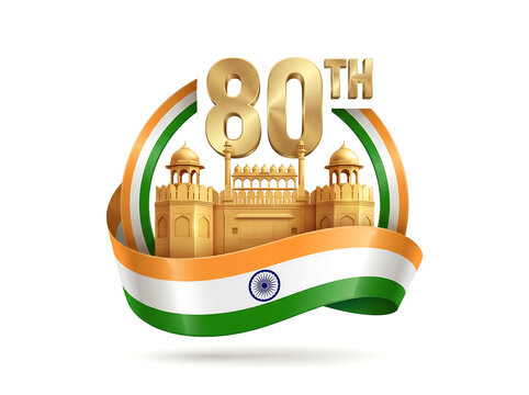 80th anniversary celebration of india with landmark architecture and flag isolated on white background