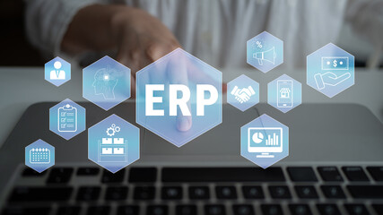 Fototapeta premium Modern Business Concepts with ERP Integration and Digital Icons Representing Various Business Functions and Operations in the Digital Era Quark.