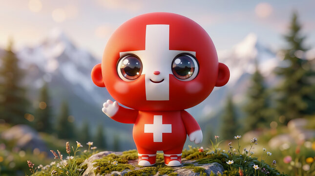 Cute red mascot character with white cross stands on grassy hill in front of snowy mountains and pine trees
