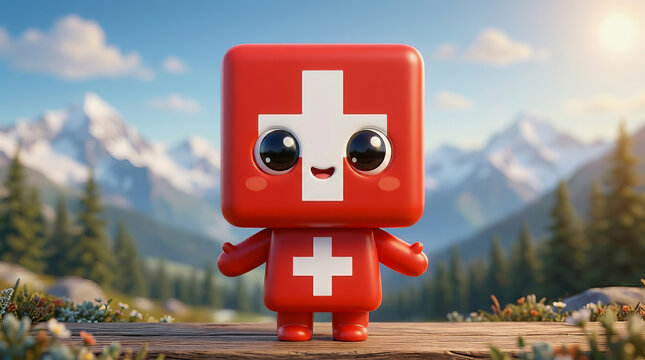 Cute red mascot character with white cross stands on wooden platform in front of mountain landscape