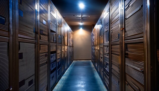 dimly lit archive room with rows of cardboard storage boxes on metal shelves