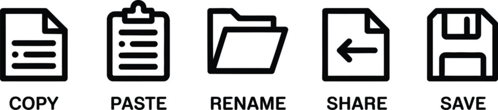 File management icons illustration set, generic cut copy paste rename save share and delete interface symbols.
