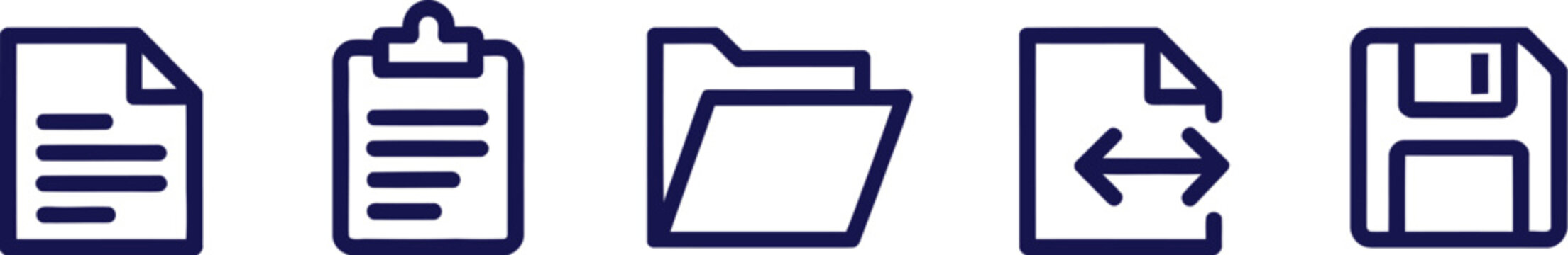 File action icons illustration set, generic cut copy paste rename share save and delete symbols in line and glyph style.