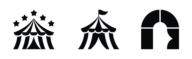 Circus tent icons set, black and white carnival festival tent symbols for entertainment events, amusement parks and vintage circus design. © Gary D. Marlow