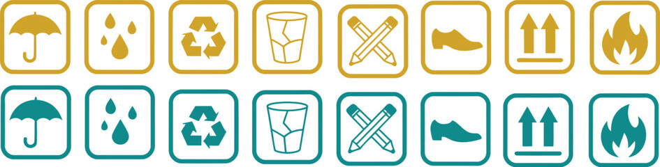 Shipping handling icons illustration set, generic fragile package care labels for packing, storage, and delivery. © CrownOrigin