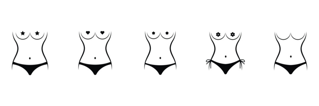 Female body outline icons set showing torso silhouettes with different nipple covers and underwear styles vector illustration