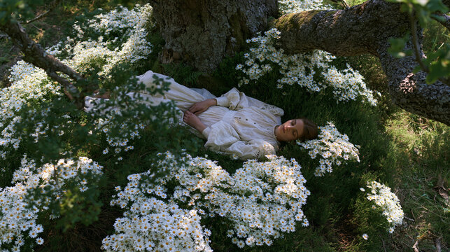 Young woman lying on the ground in a field of white daisies. she is wearing a white dress and has her arms stretched out to the sides.