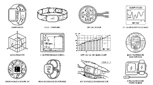 Collection of hand drawn sketches illustrating wearable technology and health monitoring devices.
